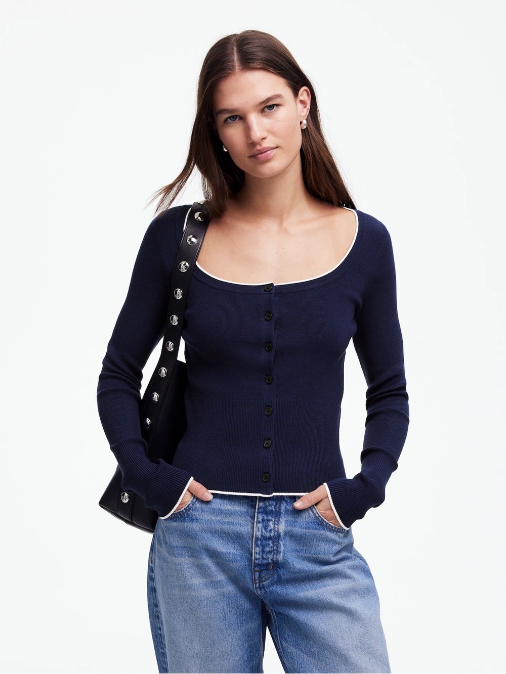 Madewell Navy Knit Top with White Trim